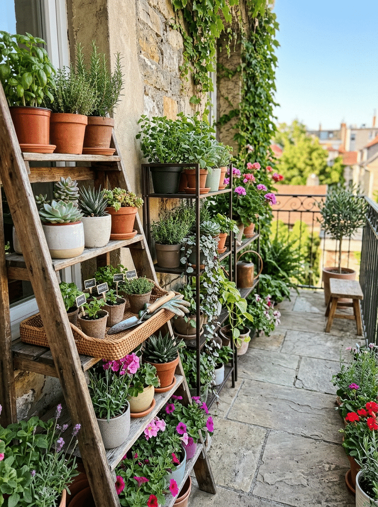 Balcony gardening rack with ladder shelf, tiered plant stand, and rattan gardening tray holding herbs and succulents