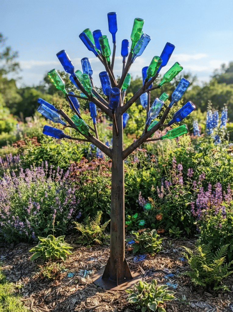 Bottle tree in a garden as unusual garden decor with blue glass bottles