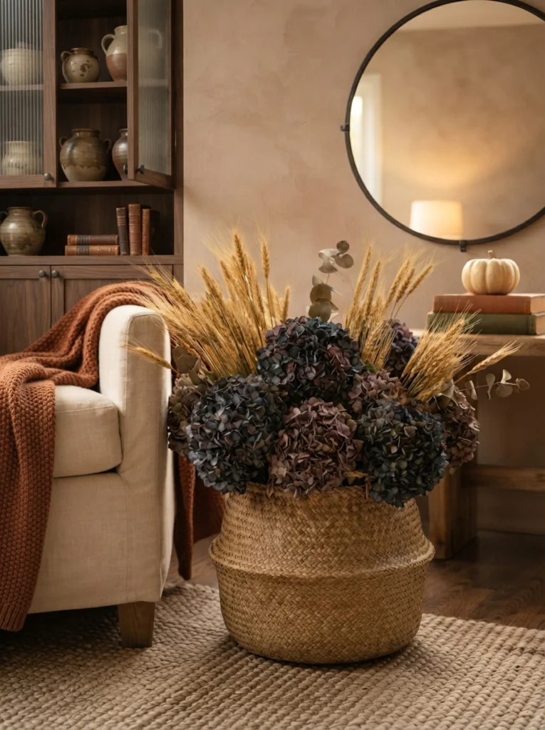 Basket of dried hydrangeas and wheat used as fall decorations.