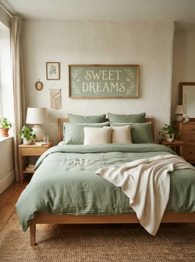 A bed with sage green bedding and a sage and cream sign hung above it.