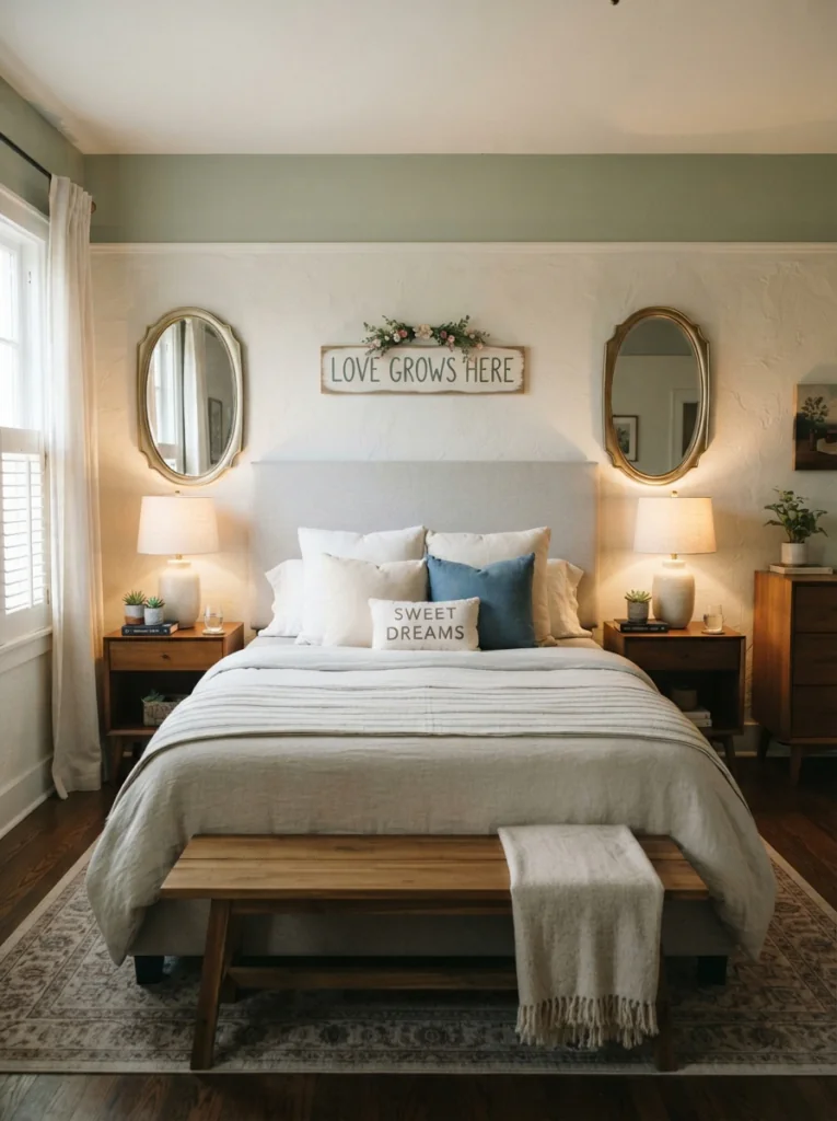 A bed with two oval mirrors on either side, two matching lamps, and a sign above the headboard