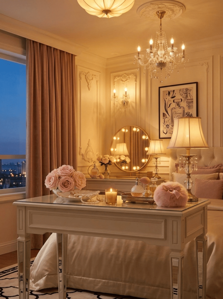 Layered lighting and blackout curtains in a hotel style bedroom at night