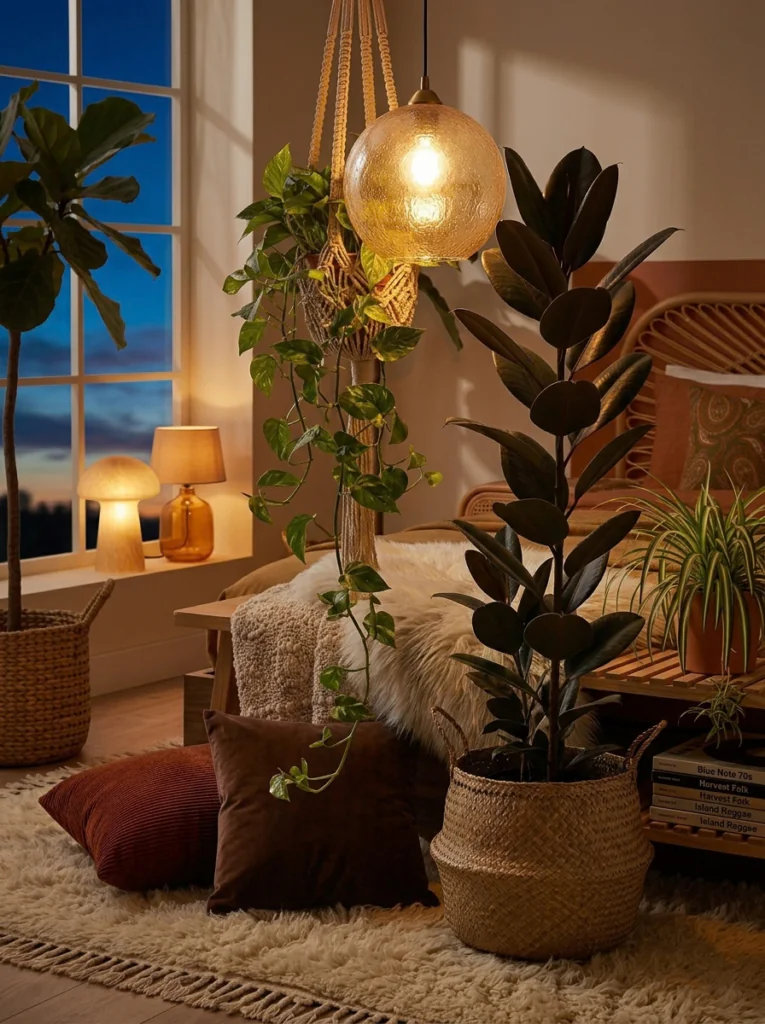 Retro lighting in 70s bedroom decor with globe pendant and mushroom table lamp