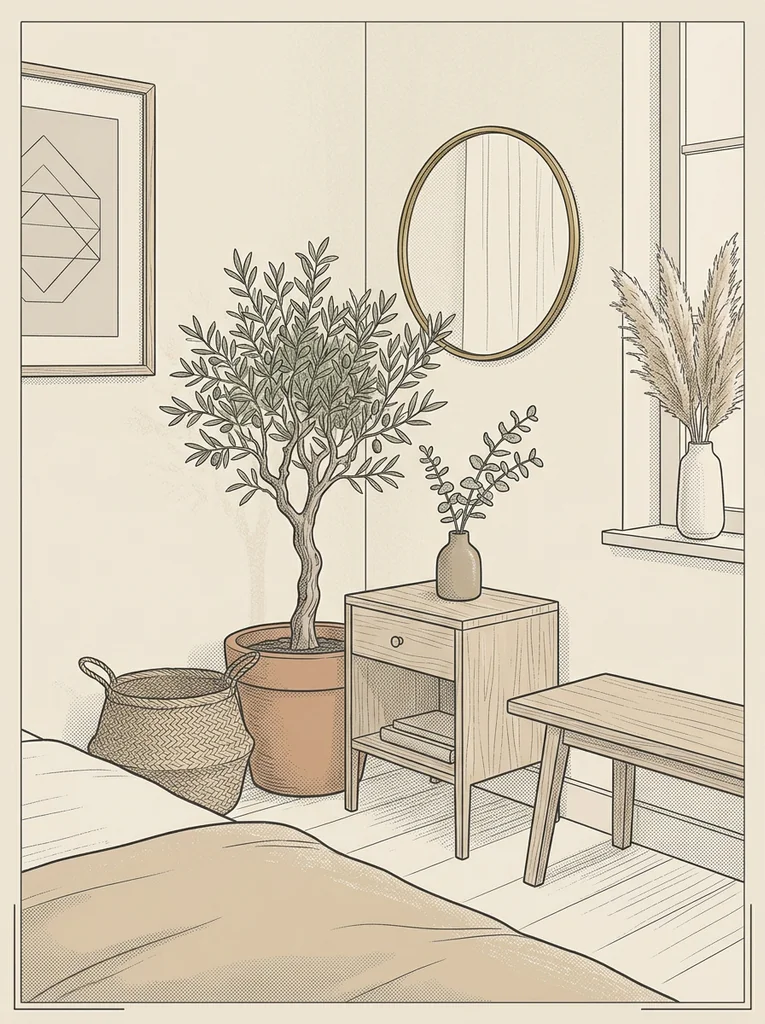 Natural materials, olive tree, and wood accents in spa bedroom decor