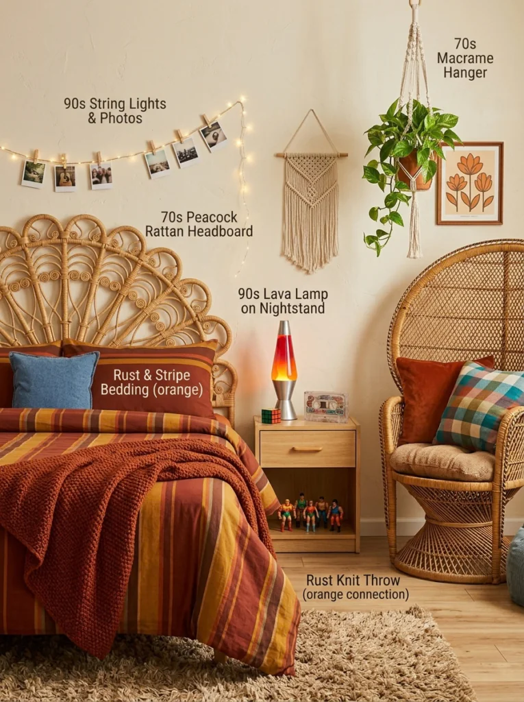 Bedroom mixing 70s bedroom decor and 90s bedroom decor with rattan, plants, and a lava lamp