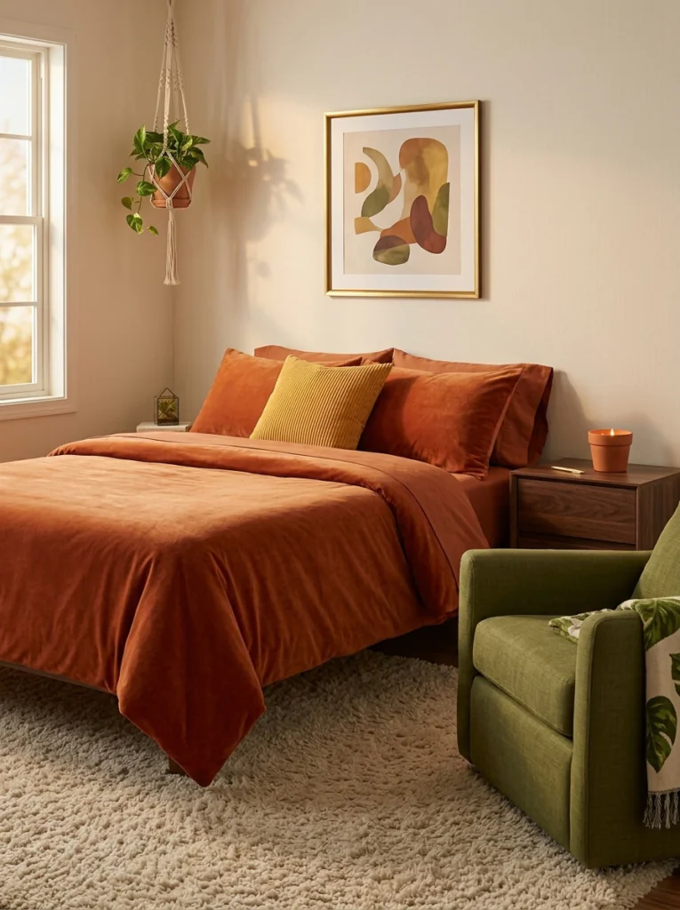 Burnt orange, mustard, and olive color scheme in a 70s bedroom decor setting