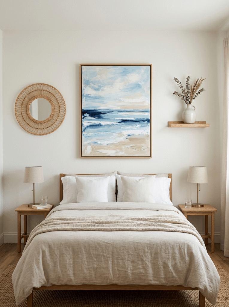 Coastal bedroom wall decor with a seascape print and round rattan mirror