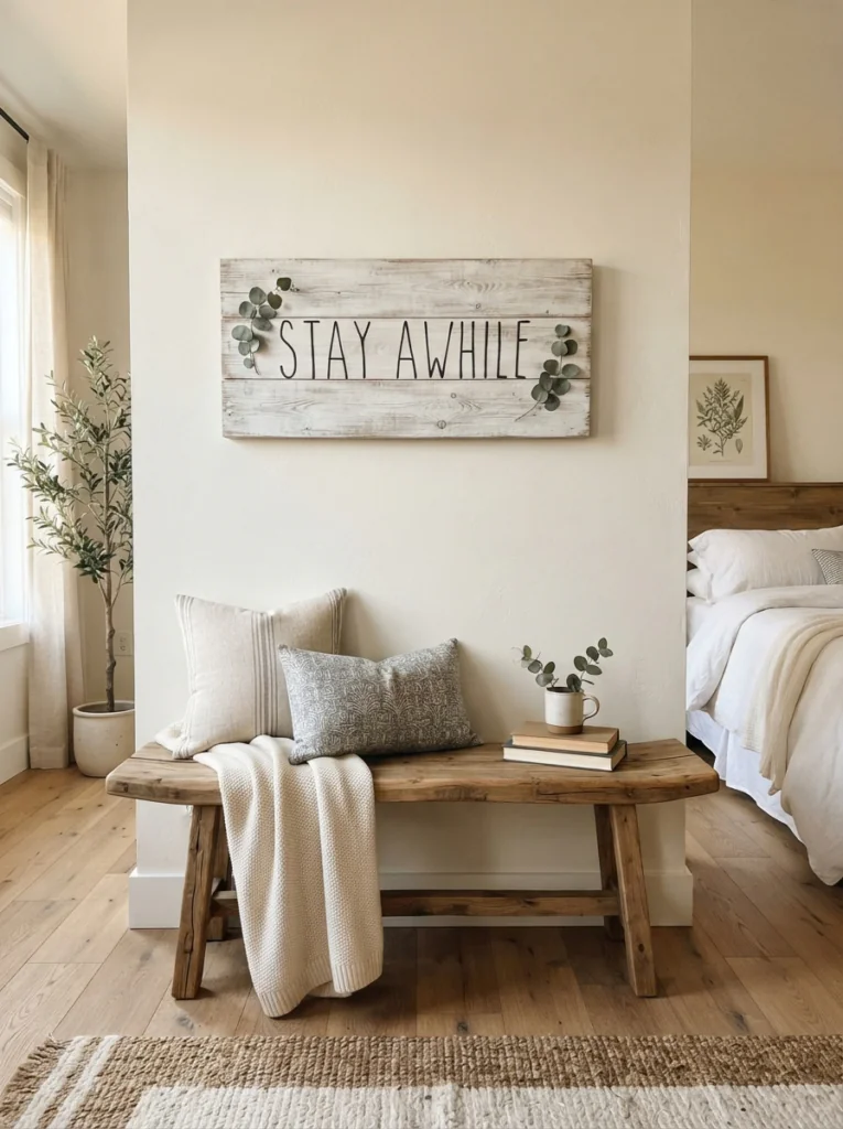 Rustic wood sign as bedroom decor signs above a bench.