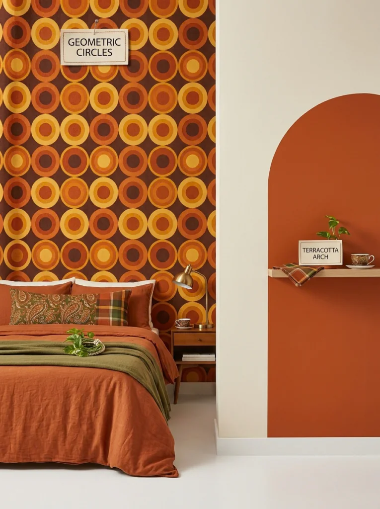  Geometric wallpaper and painted arch ideas for 70s bedroom decor behind the bed