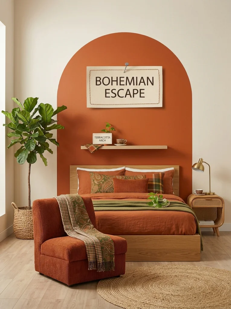  Low platform bed, rattan table, and corduroy chair in 70s bedroom decor