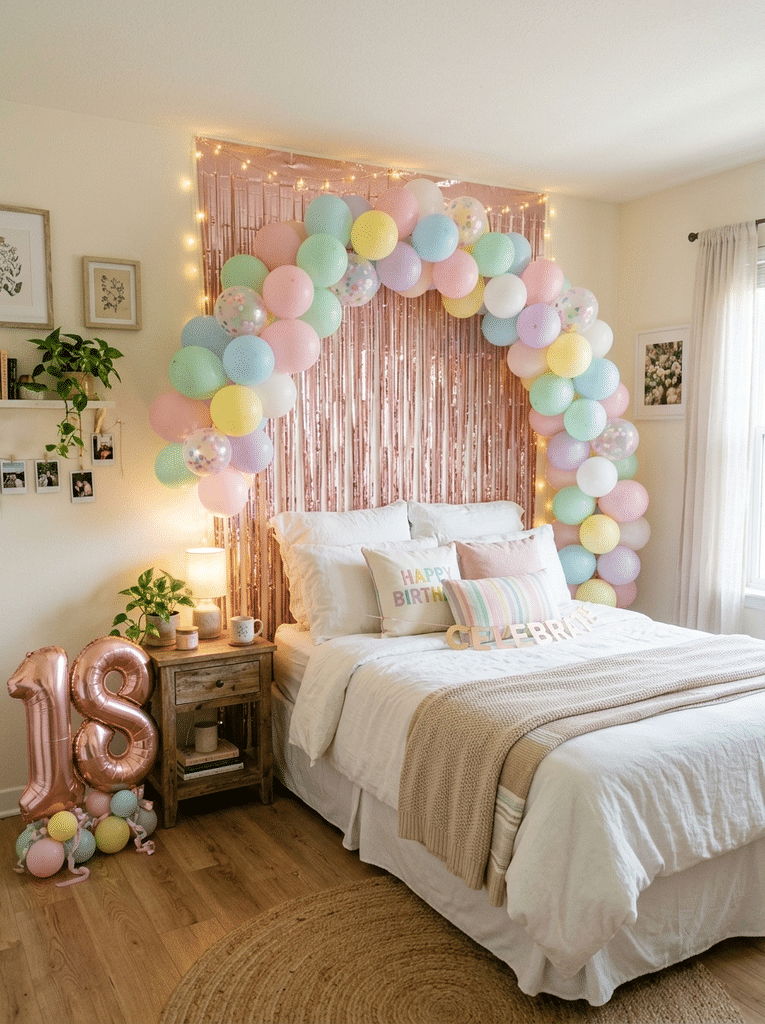 Birthday bedroom decorations with a balloon garland, foil curtain, and number balloon.