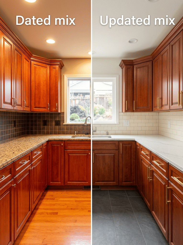 Before and after of cherry kitchen cabinets showing a dated mix of finishes and an updated look