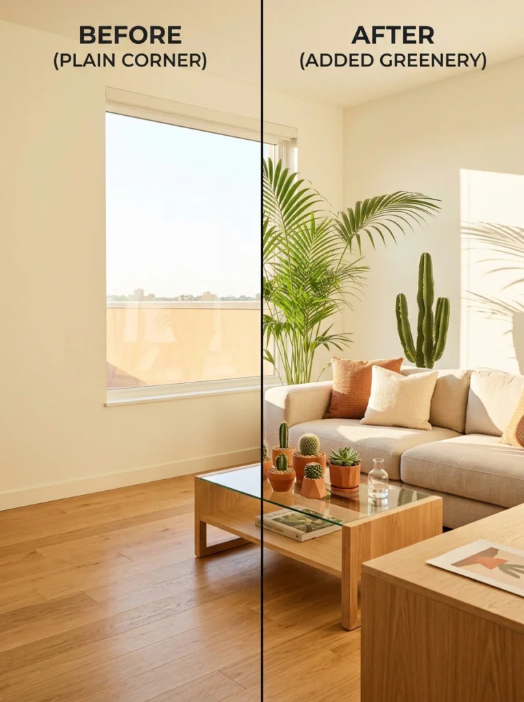 Before and after living room corner showing how plant decor adds life to an empty space