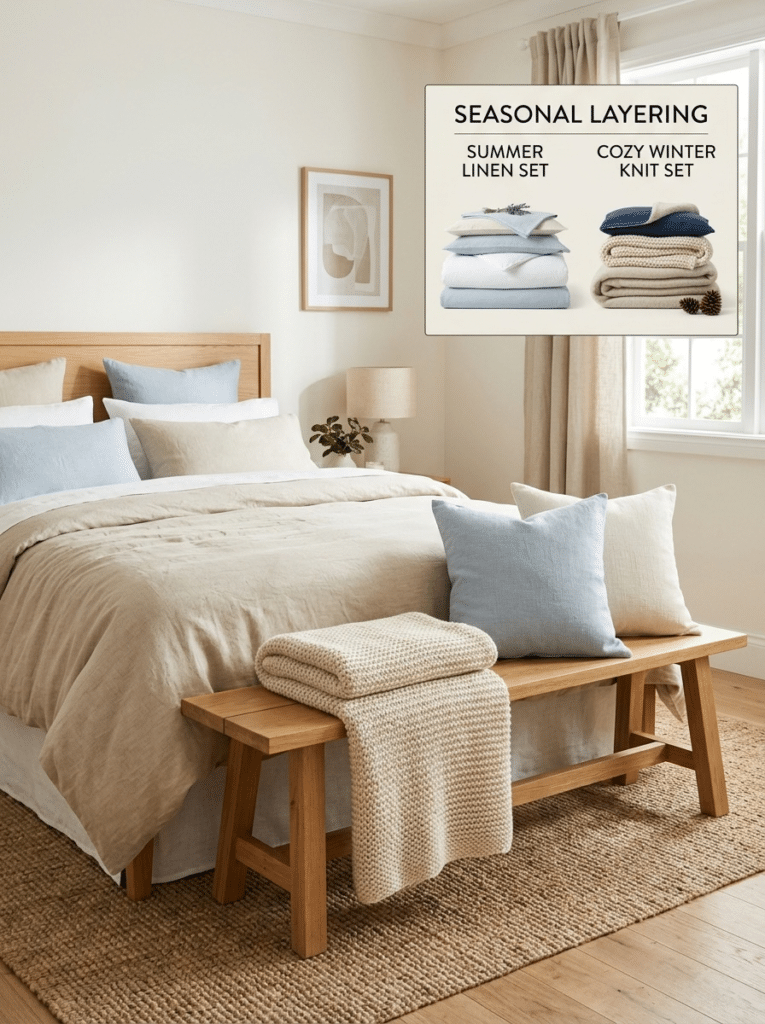Seasonal throws and cushions for Hamptons bedroom decor