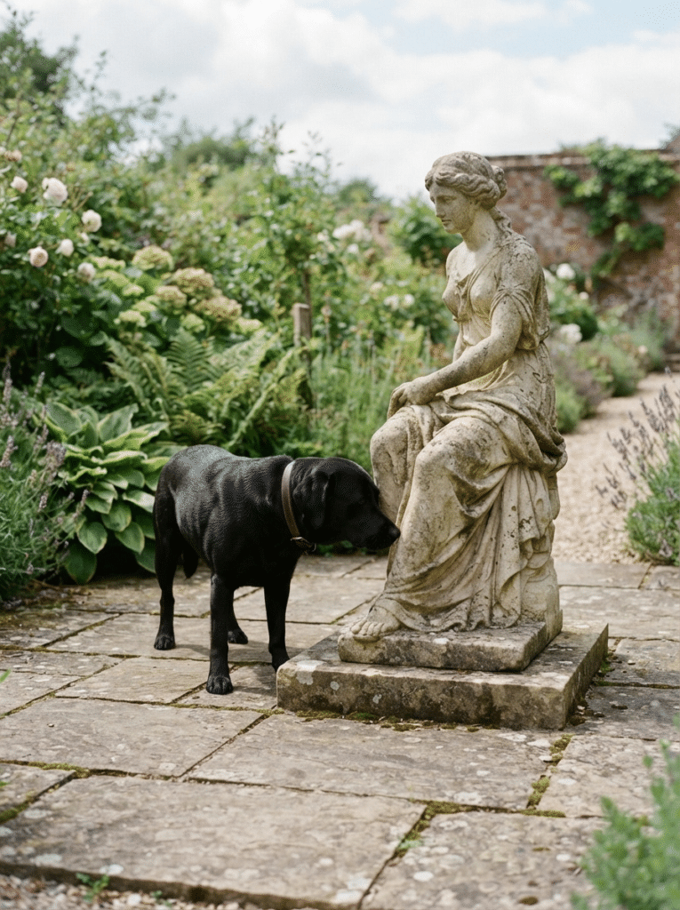 Dog sniffing a stable stone statue showing safe dog garden decor