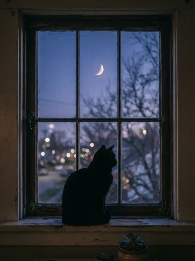 Painted black cat silhouette on a window with a crescent moon for Halloween