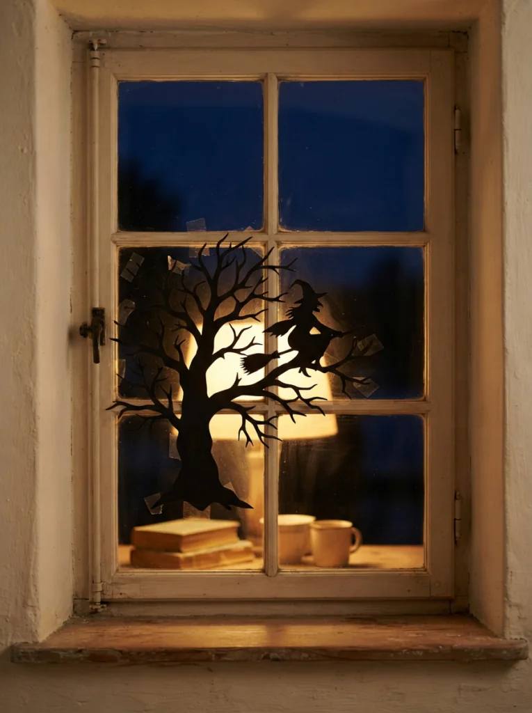 Black paper silhouette Halloween window decorations made from grocery bags