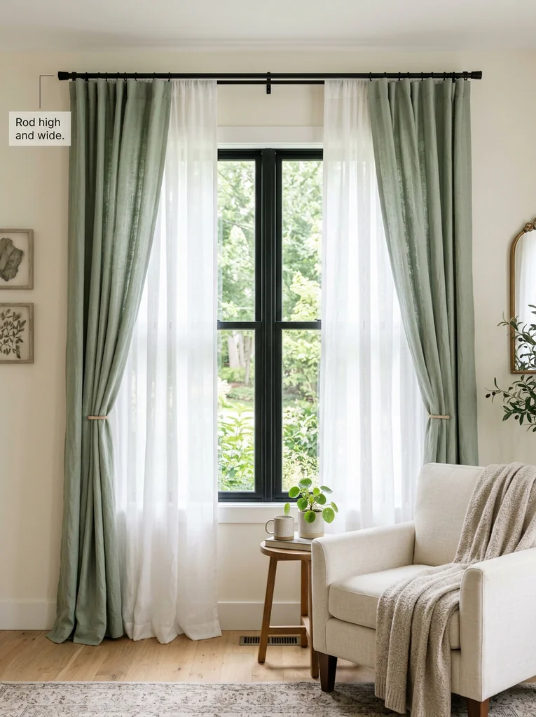  Spring curtains for living room windows with sheer linen panels and a high mounted rod