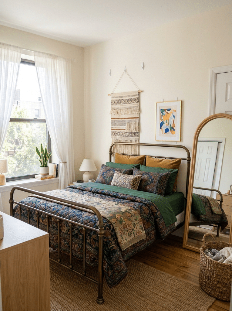 Renter friendly Christian bedroom decor in a two bedroom apartment with a lightweight frame, tapestry, and plant