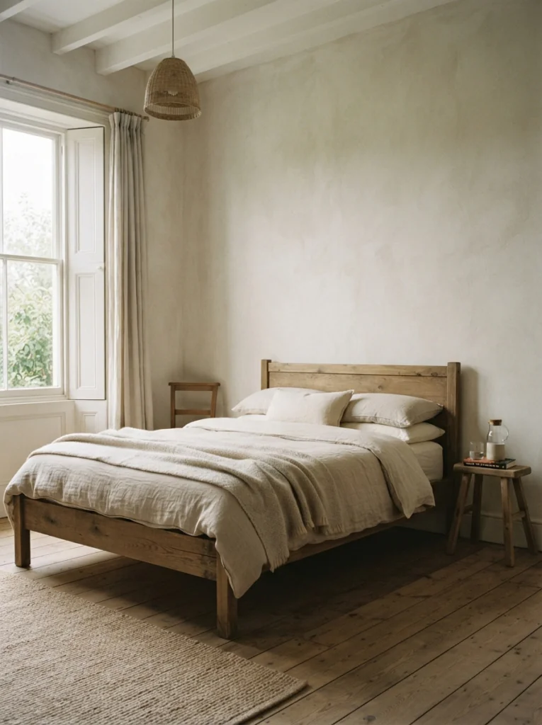 A calm bedroom with limewashed walls, a wood bed, and no wall decor, lit by soft light.