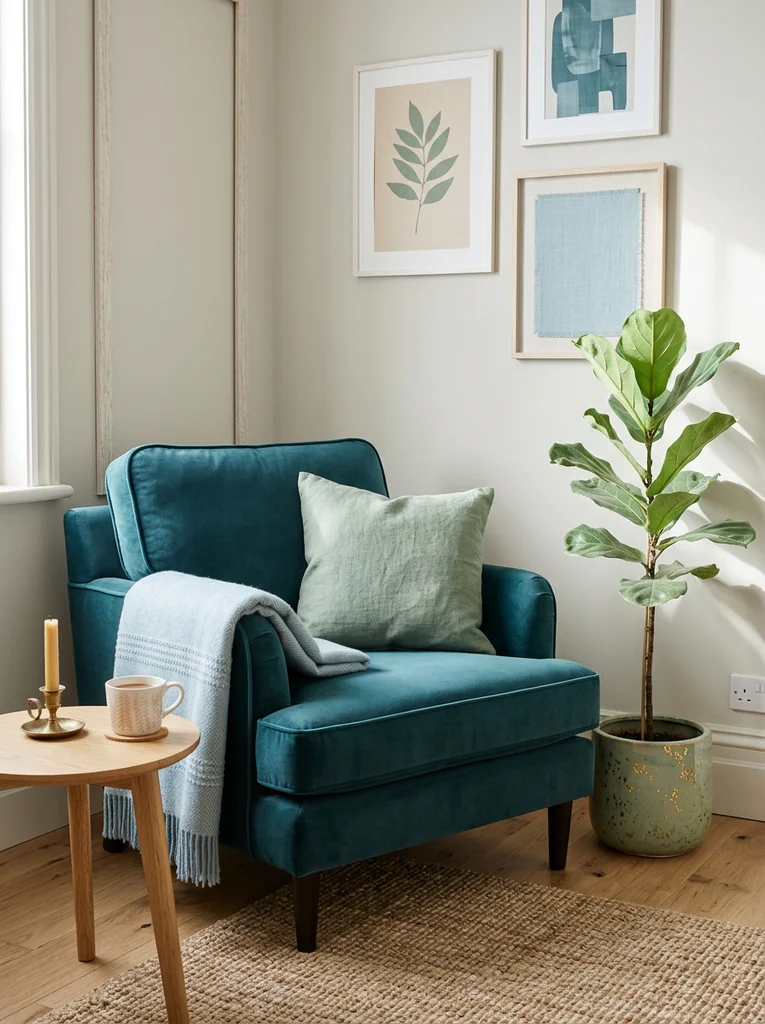  Teal armchair and green plant in a relaxed living room corner