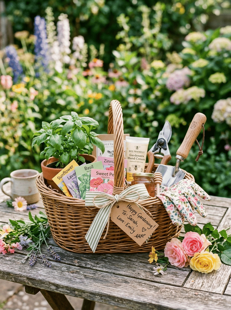 Gardening basket gift filled with a trowel, gloves, seed packets, a potted herb, and a ribbon