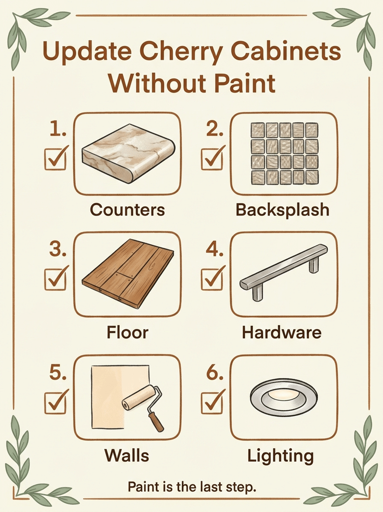 Six step checklist for how to update cherry cabinets without painting