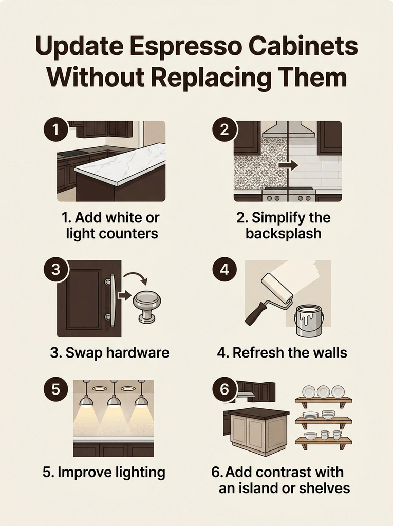 Six step checklist to update espresso kitchen cabinets with new counters, backsplash, hardware, paint, and lighting