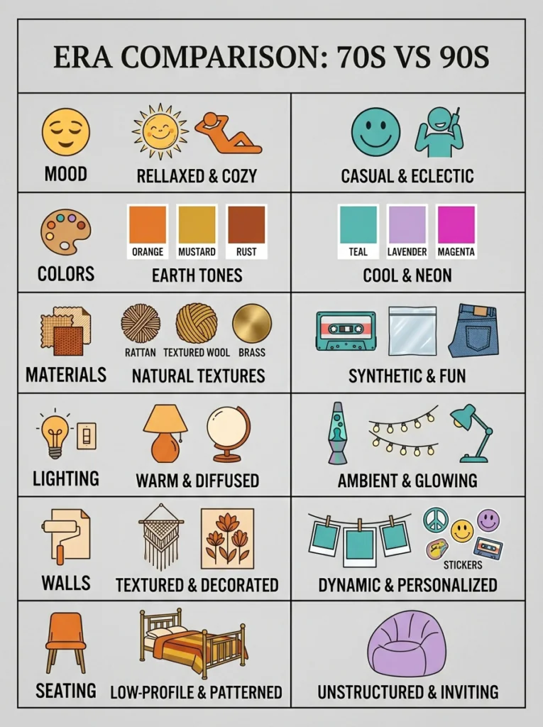 Chart comparing 70s bedroom decor and 90s bedroom decor by mood, color, and materials