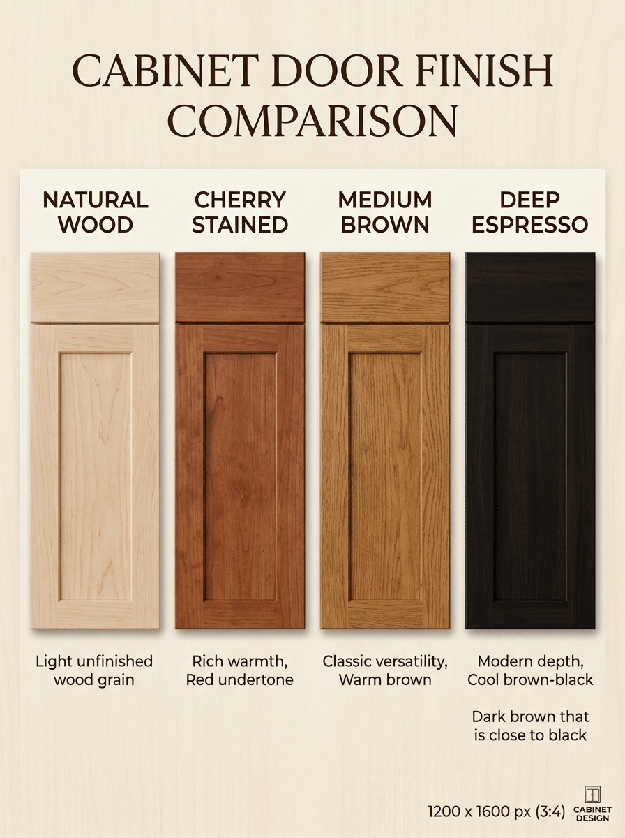 Cabinet door samples showing the espresso finish compared with natural, cherry, and medium brown stains
