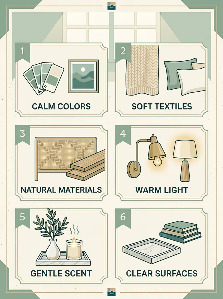 Six key elements of spa bedroom decor shown as simple icons