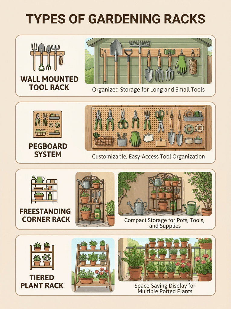 Four types of gardening rack including wall rack, pegboard, corner rack, and tiered plant rack