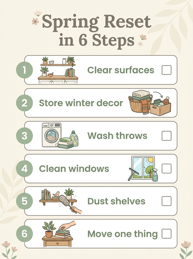  Six step spring reset checklist for a living room including clearing surfaces and cleaning windows