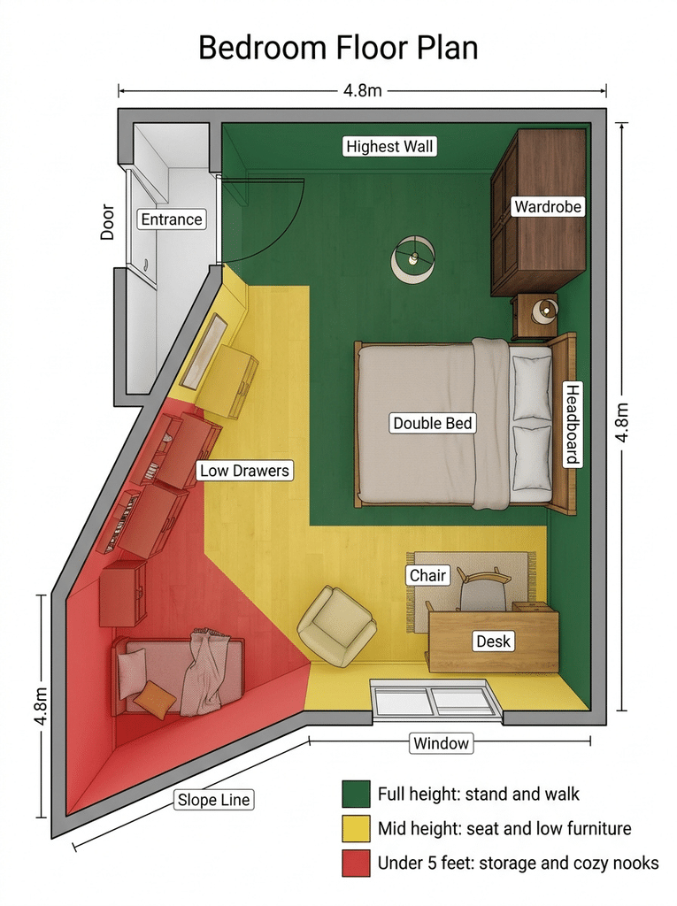 Floor plan of a bedroom with a slanted ceiling showing full height, mid height, and low storage zones