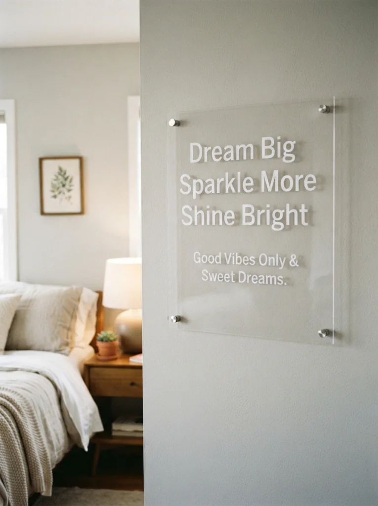 A clear acrylic sign with clean white lettering on a pale gray bedroom wall.