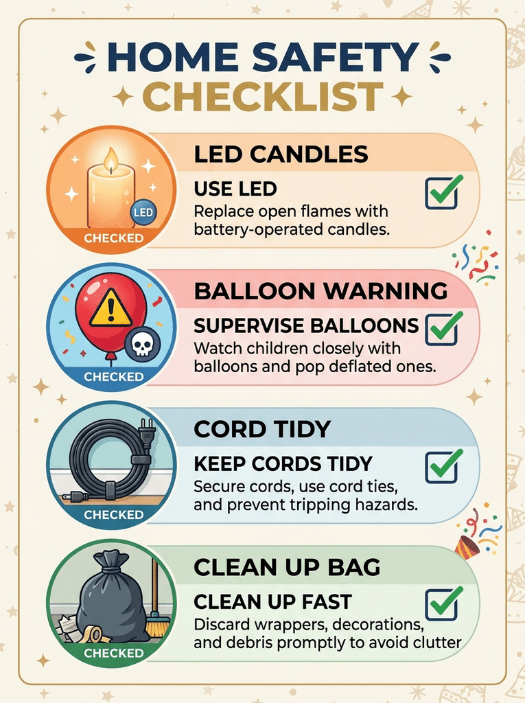 Safety tips for bedroom birthday decor including LED candles, balloon care, and cord safety.