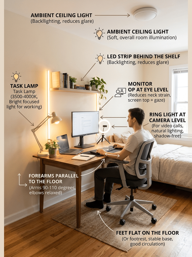 Infographic showing lighting layers and ergonomic setup for a bedroom office desk