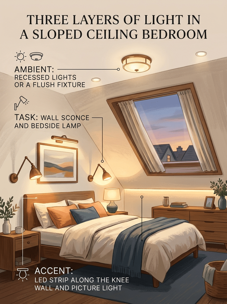 Slanted ceiling bedroom lighting ideas showing ambient, task, and accent lights in an attic bedroom