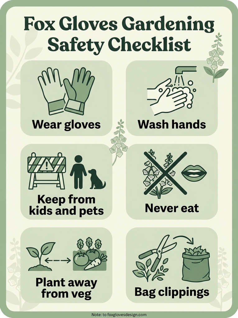 Infographic listing six fox gloves gardening safety tips including wearing gloves and washing hands