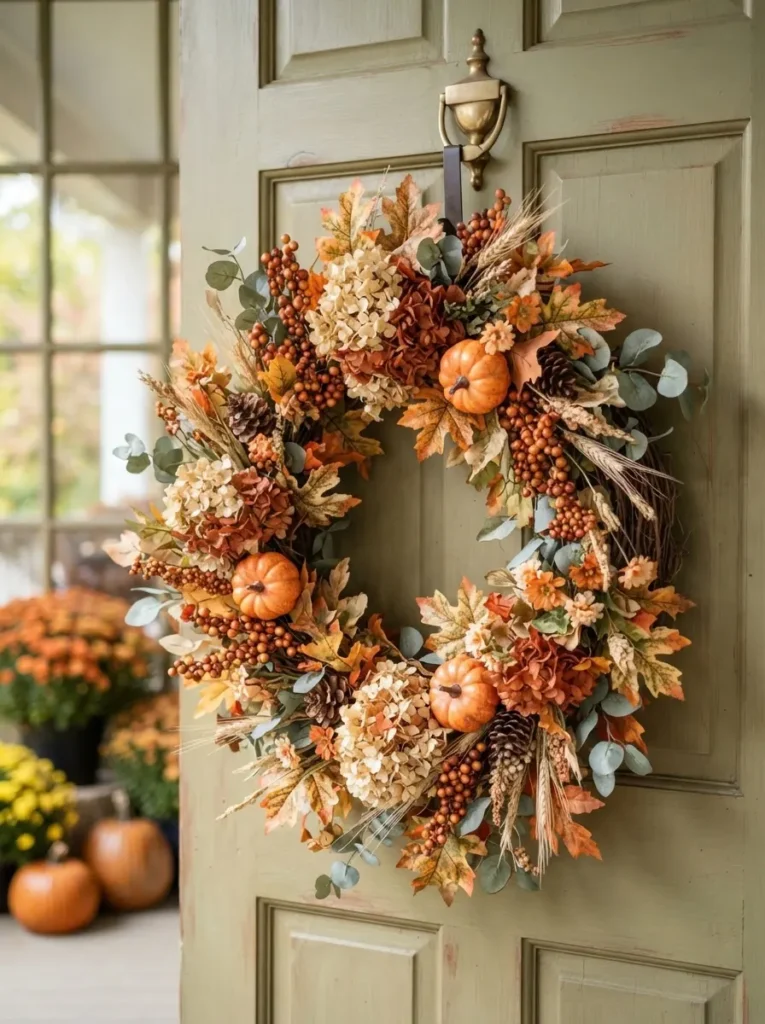 A close, bright photo of a full fall wreath on a door with orange, cream, and rust tones.