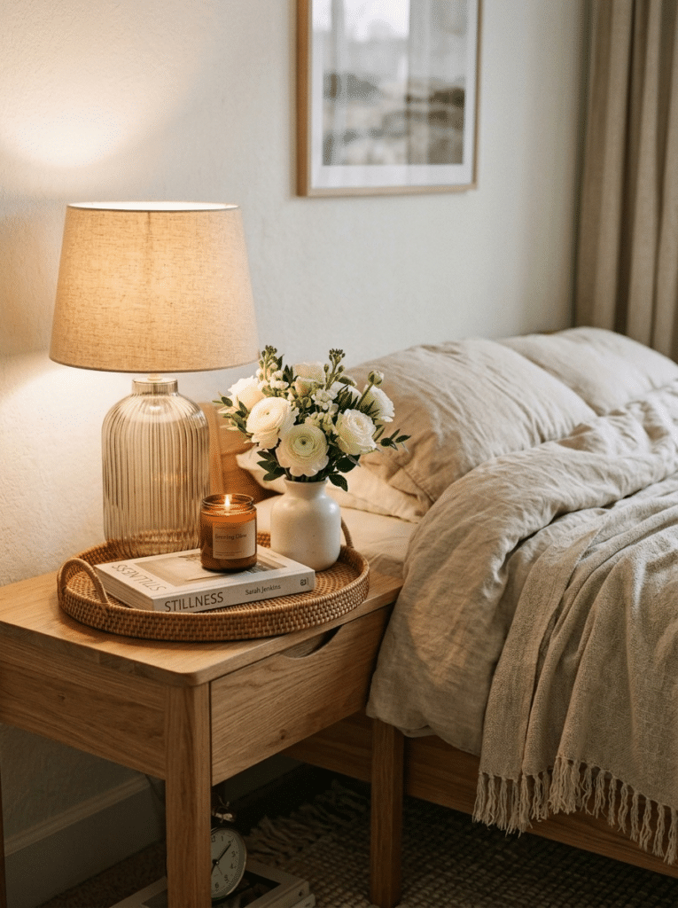 Lighting and finishing touches in Hamptons bedroom decor with glass lamp and fresh flowers