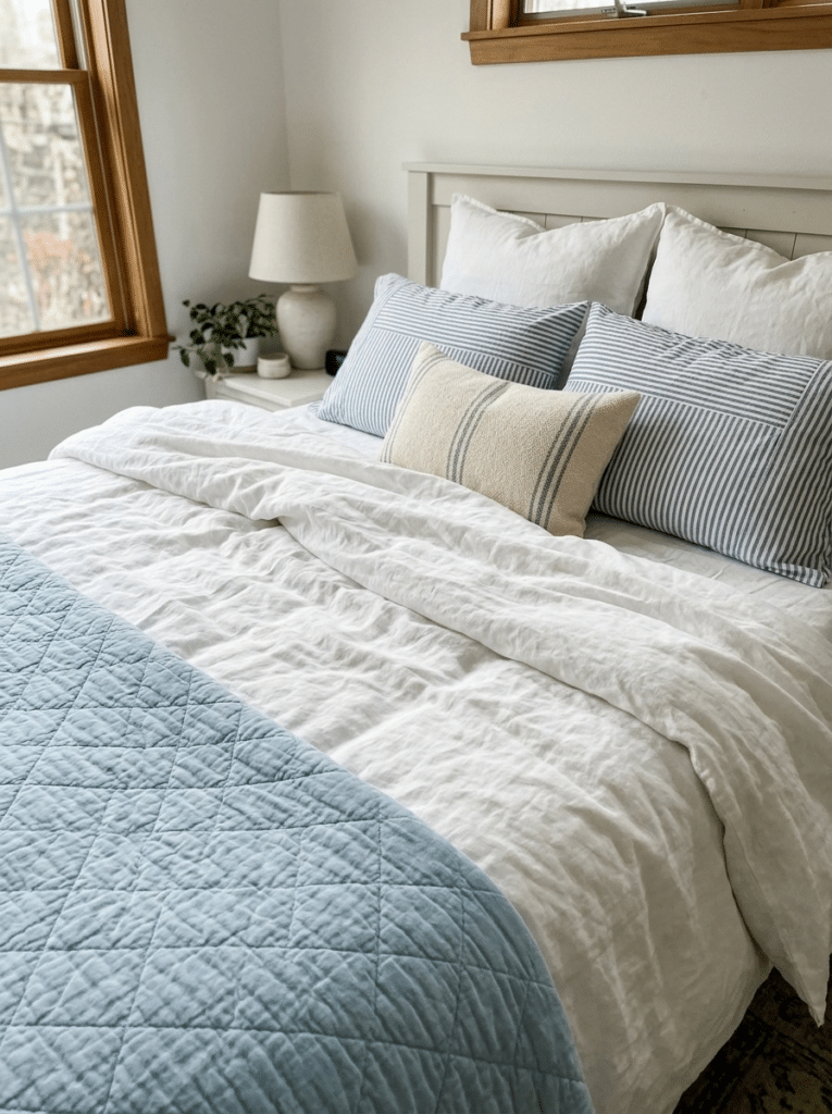Layered white and blue bedding in Hamptons bedroom decor