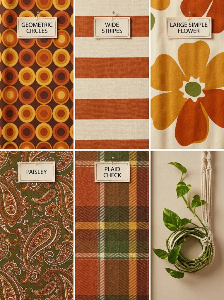  Retro patterns for 70s bedroom decor including geometric, striped, floral, and paisley prints