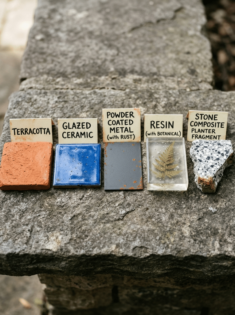 Material samples for garden decorations outdoor including terracotta, ceramic, metal, resin and stone composite
