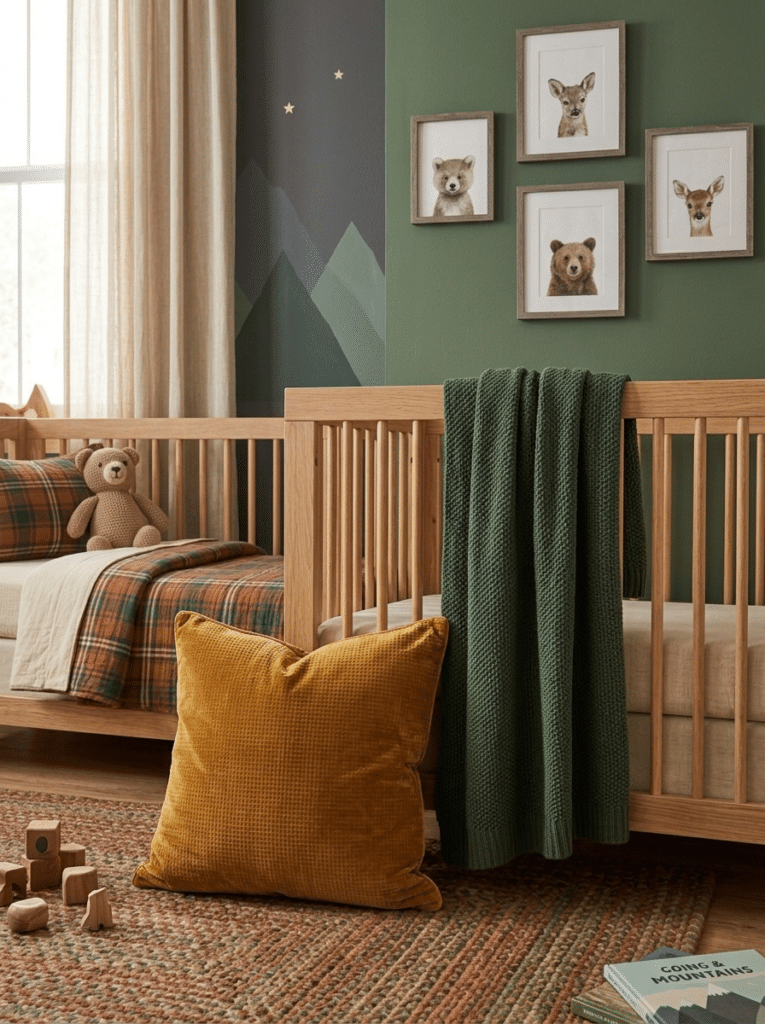 Mustard and forest green accents in baby boy bedroom decor