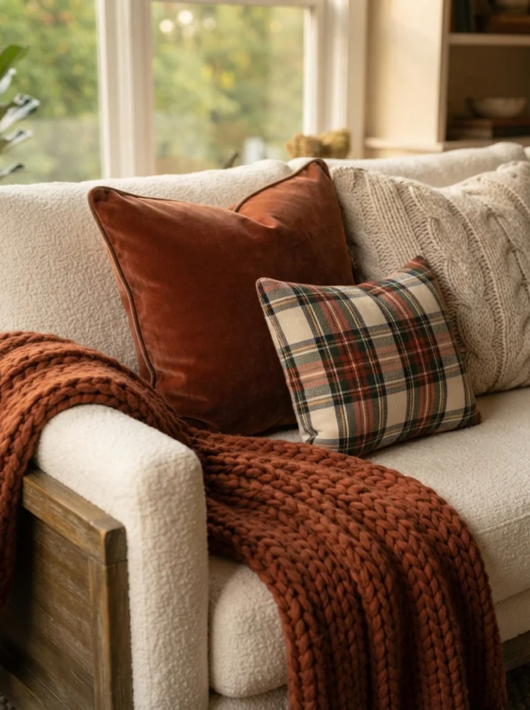 Layered fall pillows and throws in velvet, wool, and plaid.