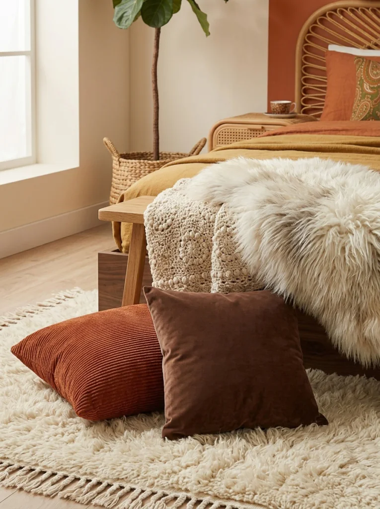  Shag rug, corduroy, velvet, and crochet textures in 70s bedroom decor