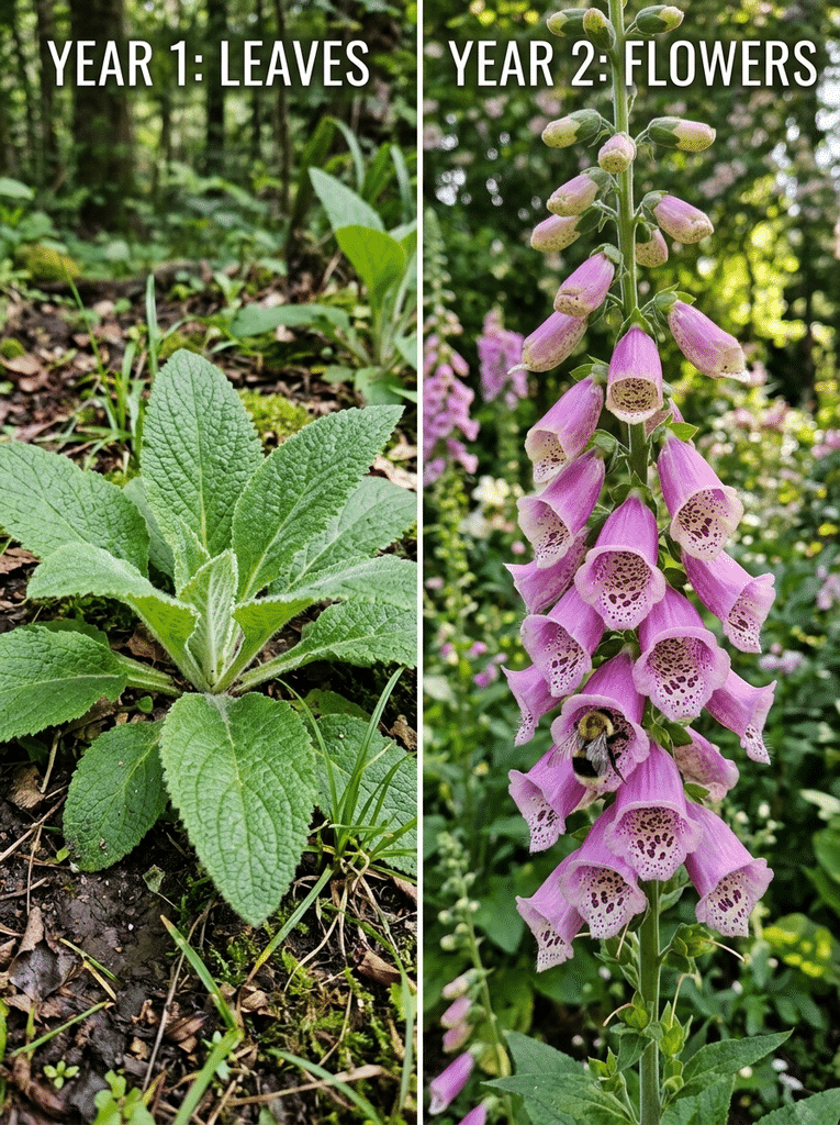 Foxglove life cycle showing a first year leaf rosette and a second year flower spike