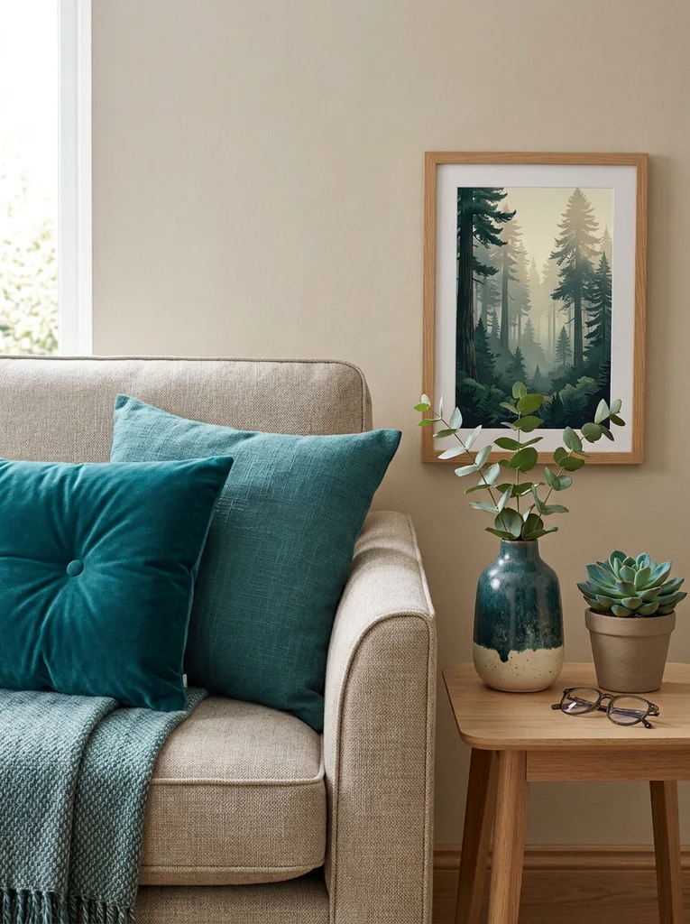 Teal cushions, throw, and vase styled as easy accents on a neutral sofa