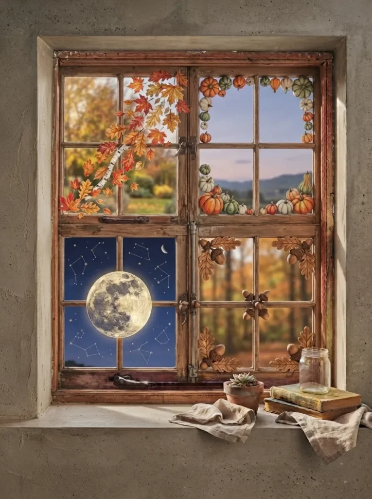 A collage of four windows showing a leaf cascade, pumpkin border, harvest moon, and acorn corners.